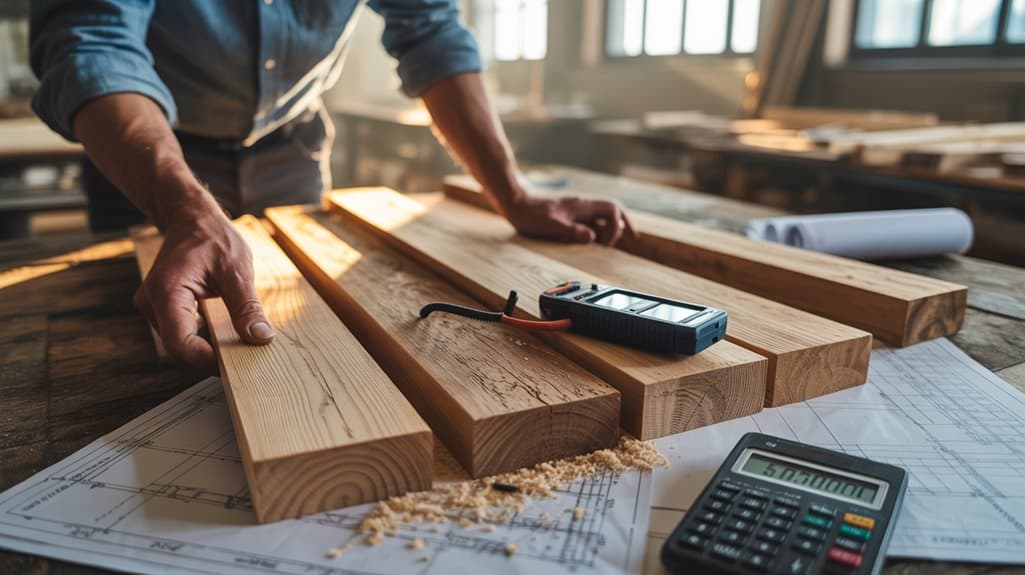 Craftsman measuring and inspecting wooden planks for design project at a workshop during a designer charrette, with blueprints, calculator, and tools for architectural planning.